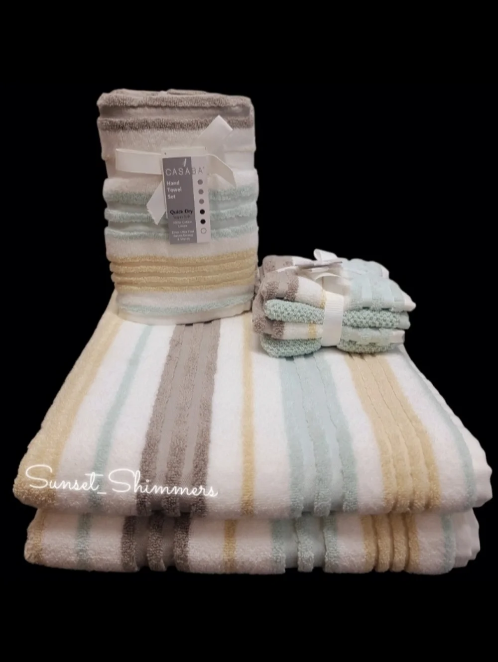 8pc Casaba Sage Tan Gray Striped Bath Hand Washcloth Quick Dry Towel Set New